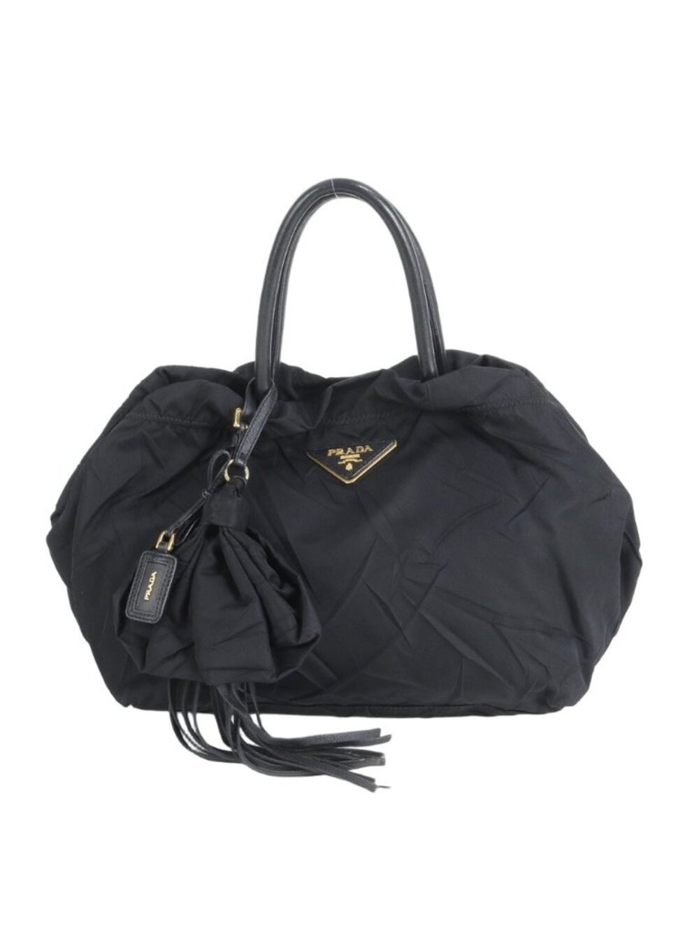 Prada Tessuto Nylon Triangle Logo Leather Tote Shoulder Black - Picture 1 of 10